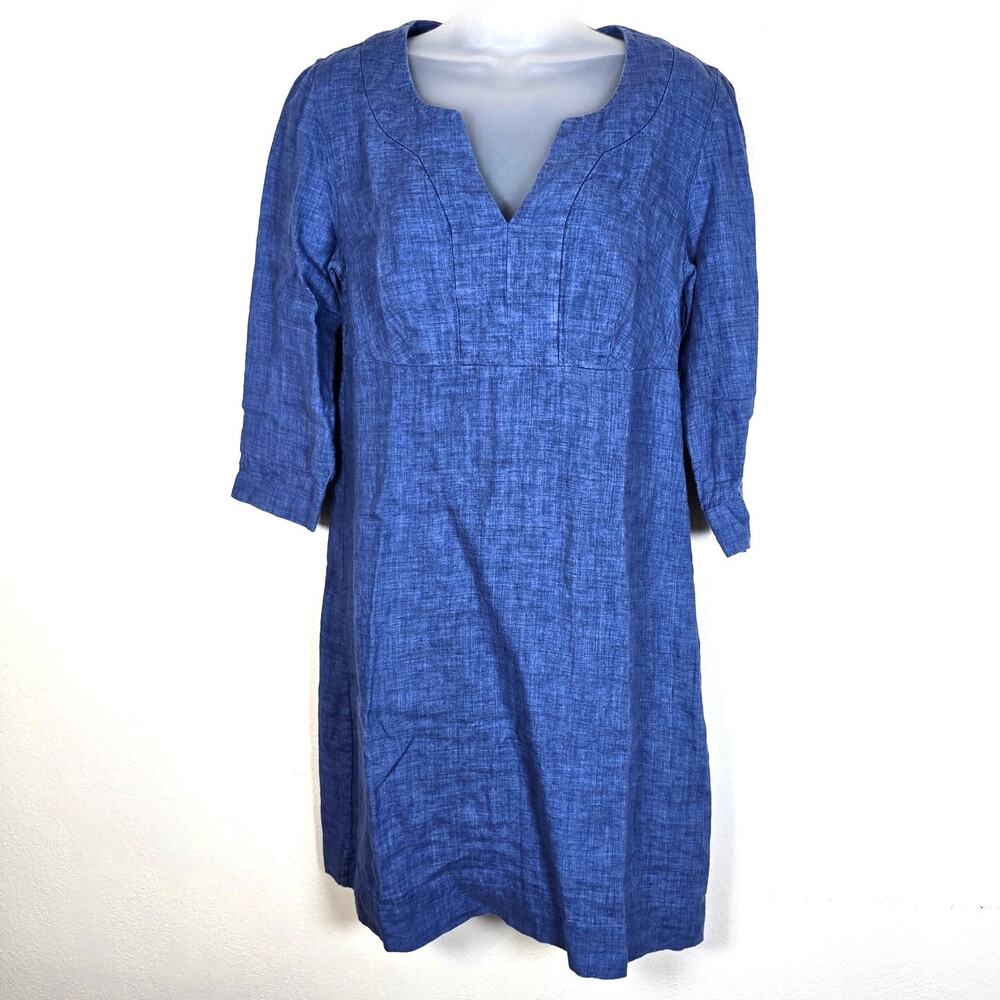 Boden Linen Dress Women's 6L Blue Split Neck Tunic 3/4 Sleeve Summer Coastal